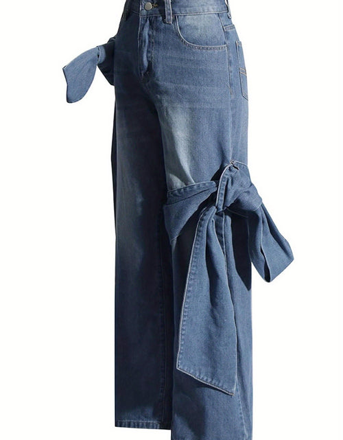 Load image into Gallery viewer, Women&#39;s High-Waisted Wide-Leg Jeans with Bow Tie Detail - Vintage Washed Denim, Y2K Streetwear Style, Machine Washable Straight-Leg Pants
