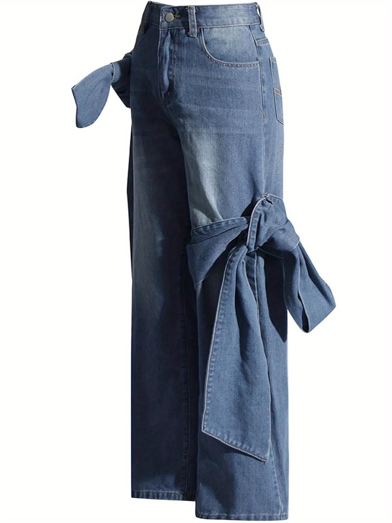 Women's High-Waisted Wide-Leg Jeans with Bow Tie Detail - Vintage Washed Denim, Y2K Streetwear Style, Machine Washable Straight-Leg Pants