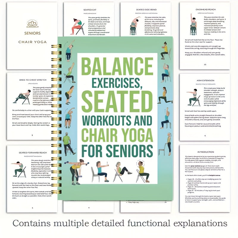 50-Page Chair Yoga Exercise Book for Seniors & Adults - Elderly Seated Yoga Poses Guide with Chair Squats, Balance Training & Stretching - Spiral Bound-like Binding (No Binding Removal) - Home, Gym