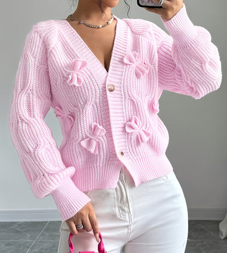 Women's Elegant Soft Pink Sweater Cardigan - Chic V-Open Front Neckline, Long Sleeve Layering Piece for Fall/Winter, Non-Transparent Sweater for Everyday & Formal Outfits, Winter Apparel, Ribbed Texture, Durable Knitwear