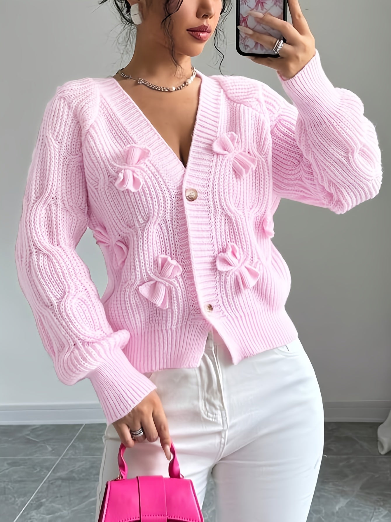 Women's Elegant Soft Pink Sweater Cardigan - Chic V-Open Front Neckline, Long Sleeve Layering Piece for Fall/Winter, Non-Transparent Sweater for Everyday & Formal Outfits, Winter Apparel, Ribbed Texture, Durable Knitwear
