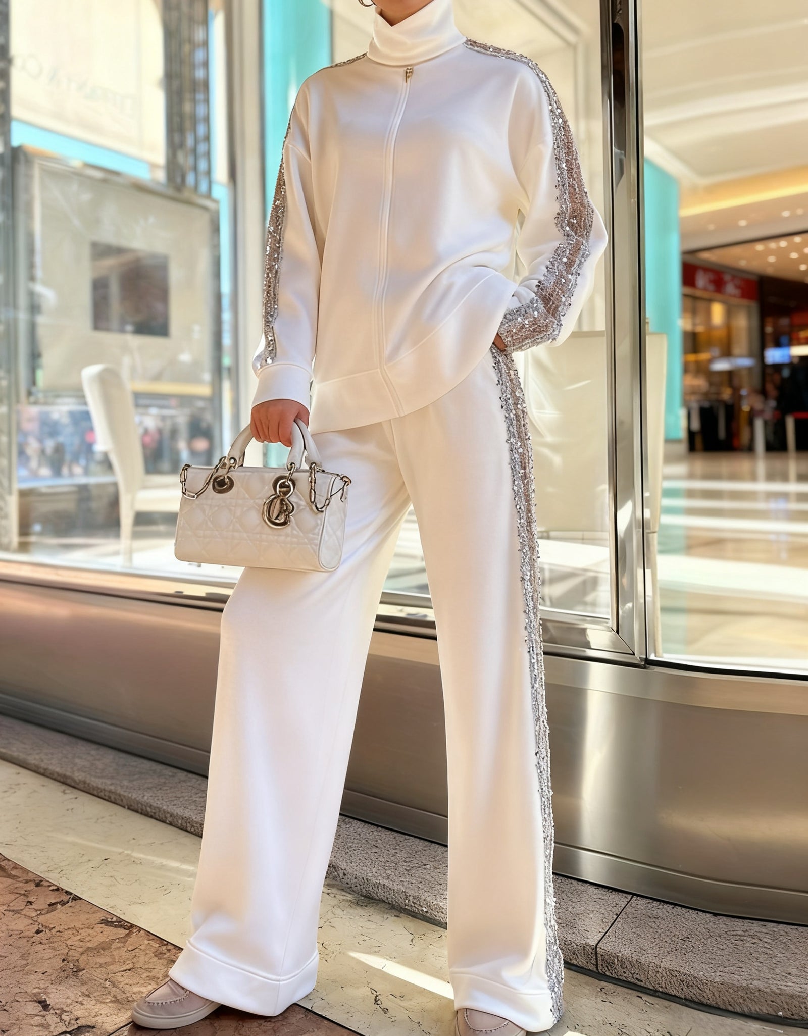 Fall New Arrival High-Neck Fashion Niche Sequin-Trimmed Pantsuit for Women, Stylish Ensemble, Elegant Outfit, Elegant Style, Chic Fashion, High quality Stitching, Sequin Detailing