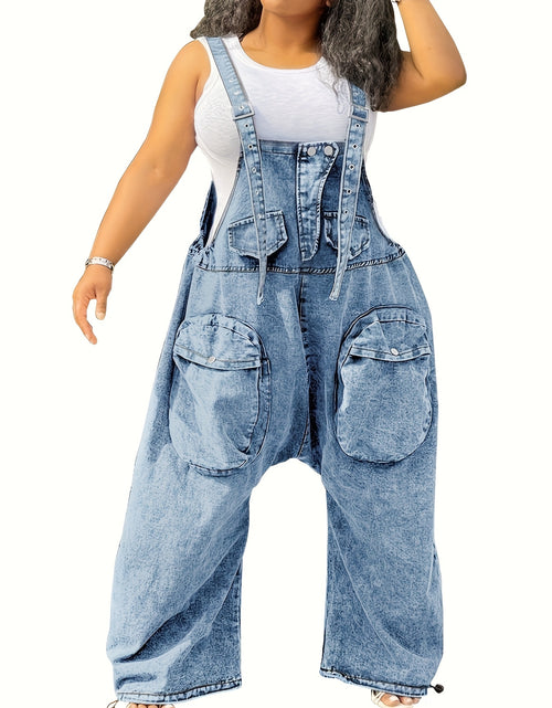 Load image into Gallery viewer, Women&#39;s High-Waisted Bib Denim Overalls Jumpsuit - Loose Wide-Leg Jeans with Cargo Pockets, Adjustable Straps &amp; Metal Buckles, 98% Cotton, Machine Washable for Casual Streetwear
