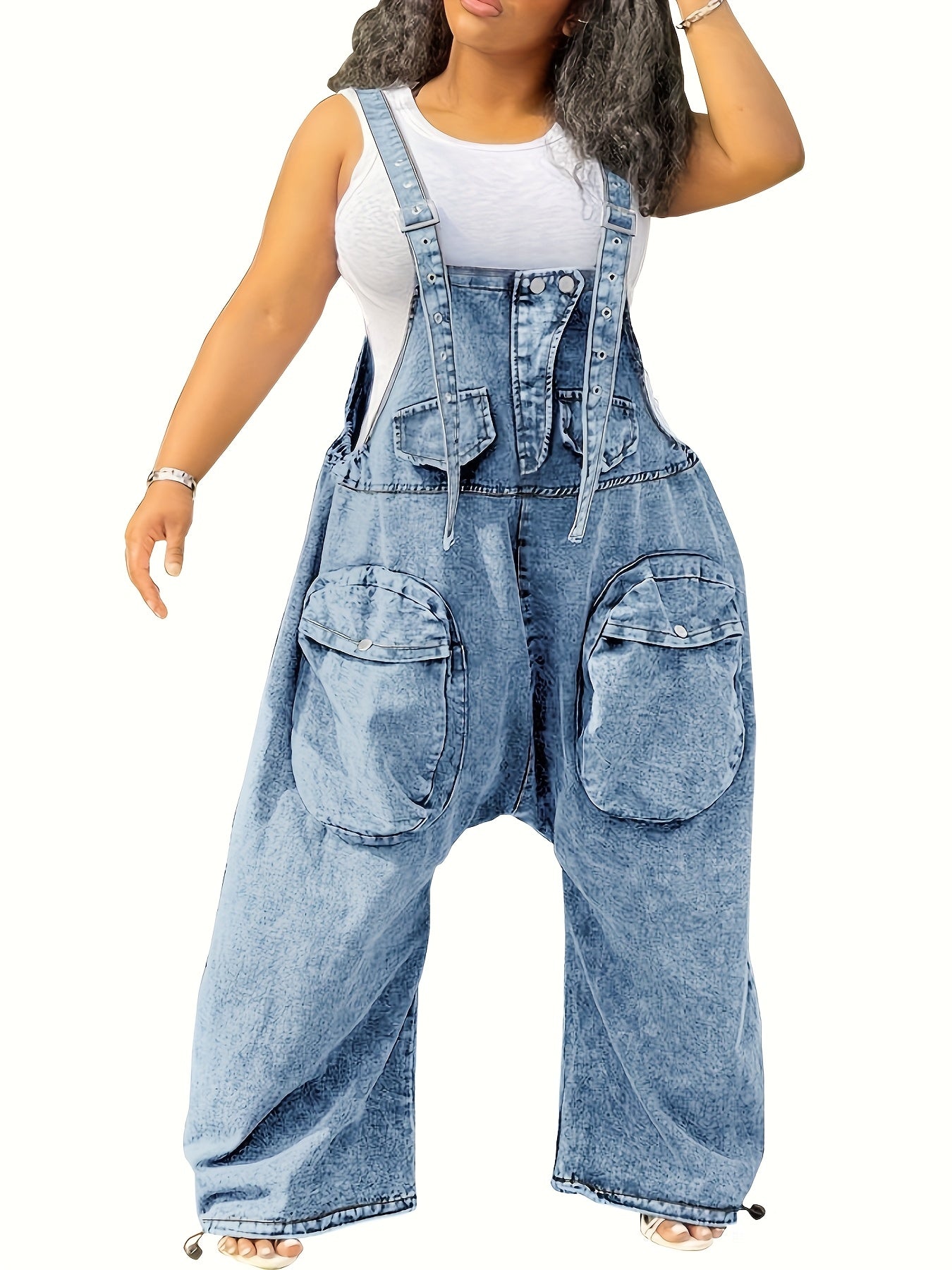 Women's High-Waisted Bib Denim Overalls Jumpsuit - Loose Wide-Leg Jeans with Cargo Pockets, Adjustable Straps & Metal Buckles, 98% Cotton, Machine Washable for Casual Streetwear