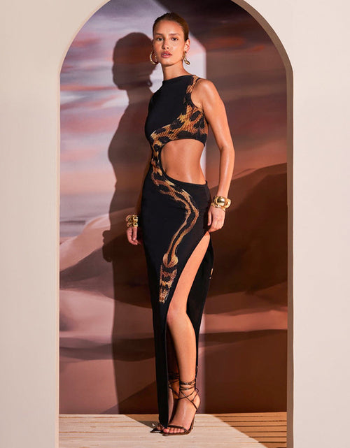 Load image into Gallery viewer, Chic Fashion] Stylish Sleeveless Maxi Dress with Golden Snake Motif, Side Slit &amp; Cut-Out Details – Sexy Solid Color Black Polyester Dress for Women, Perfect for Spring/Summer Fashion, Chic Outfit | Glamorous Attire | Elegan
