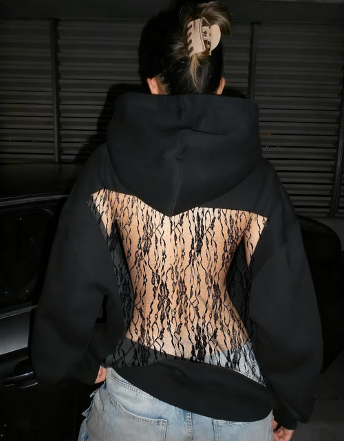 Load image into Gallery viewer, Women's Solid Color Open Back Mesh Hooded Sweatshirt - Long Fall Nightclub Sweater with, Semi-Sheer Elegant Sweaters for Parties &amp; Casual Wear, Dress Length (Hand Wash Care)
