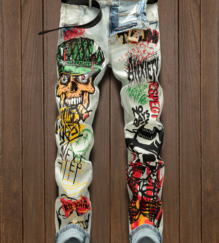 Retro Men's Graffiti Printed Jeans Street Fashion Trend Zip Fly Regular Fit Slight Stretch Denim