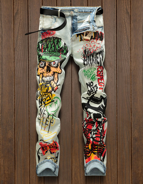 Load image into Gallery viewer, Retro Men&#39;s Graffiti Printed Jeans Street Fashion Trend Zip Fly Regular Fit Slight Stretch Denim
