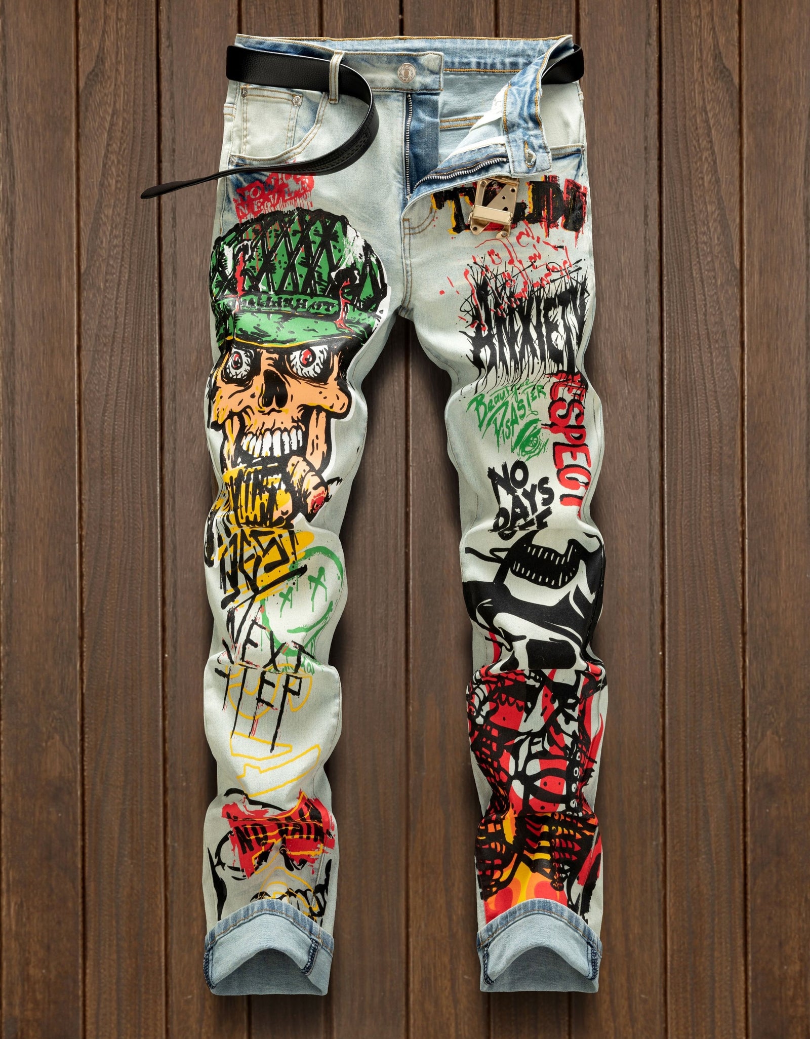 Retro Men's Graffiti Printed Jeans Street Fashion Trend Zip Fly Regular Fit Slight Stretch Denim