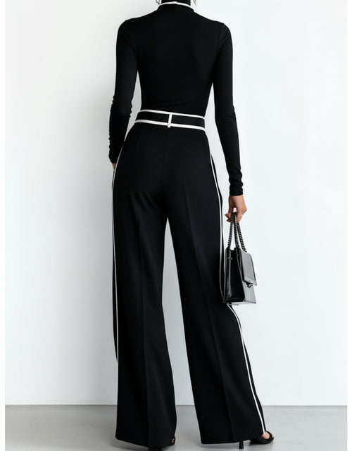 Load image into Gallery viewer, Black Mock Neck Top + Black White Striped Wide-Leg Pants Set for Women | Capable Fashion Style
