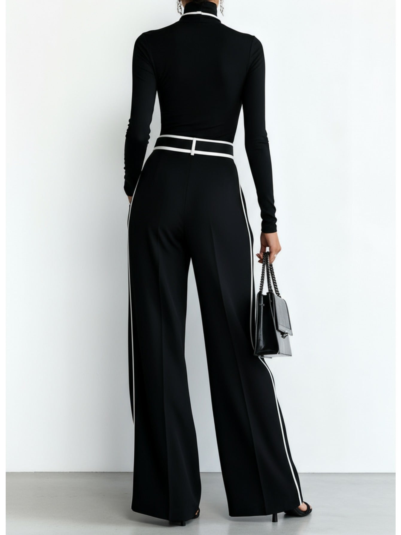 Black Mock Neck Top + Black White Striped Wide-Leg Pants Set for Women | Capable Fashion Style