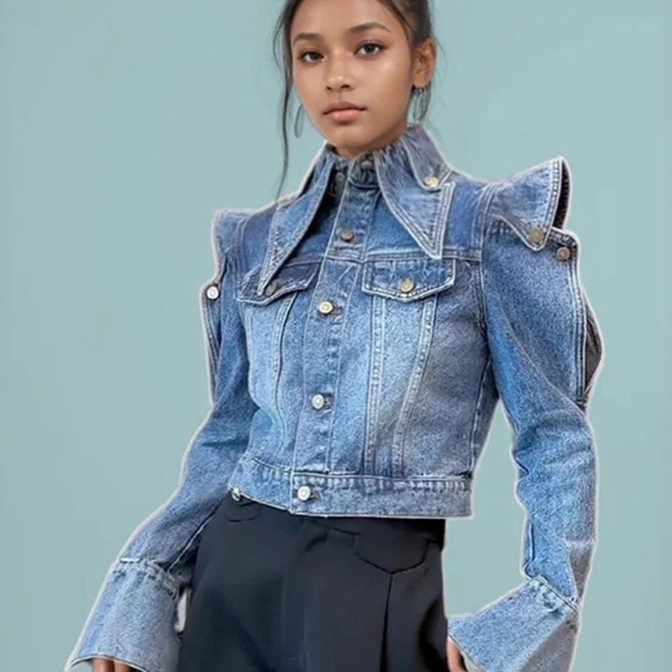 Trendy Fashion Women Denim Jacket | Niche Design, Retro Style, Heavy Industry, Right-Angle, Short, Asymmetrical Hem, Single Breasted, Long Sleeve, Casual Fit