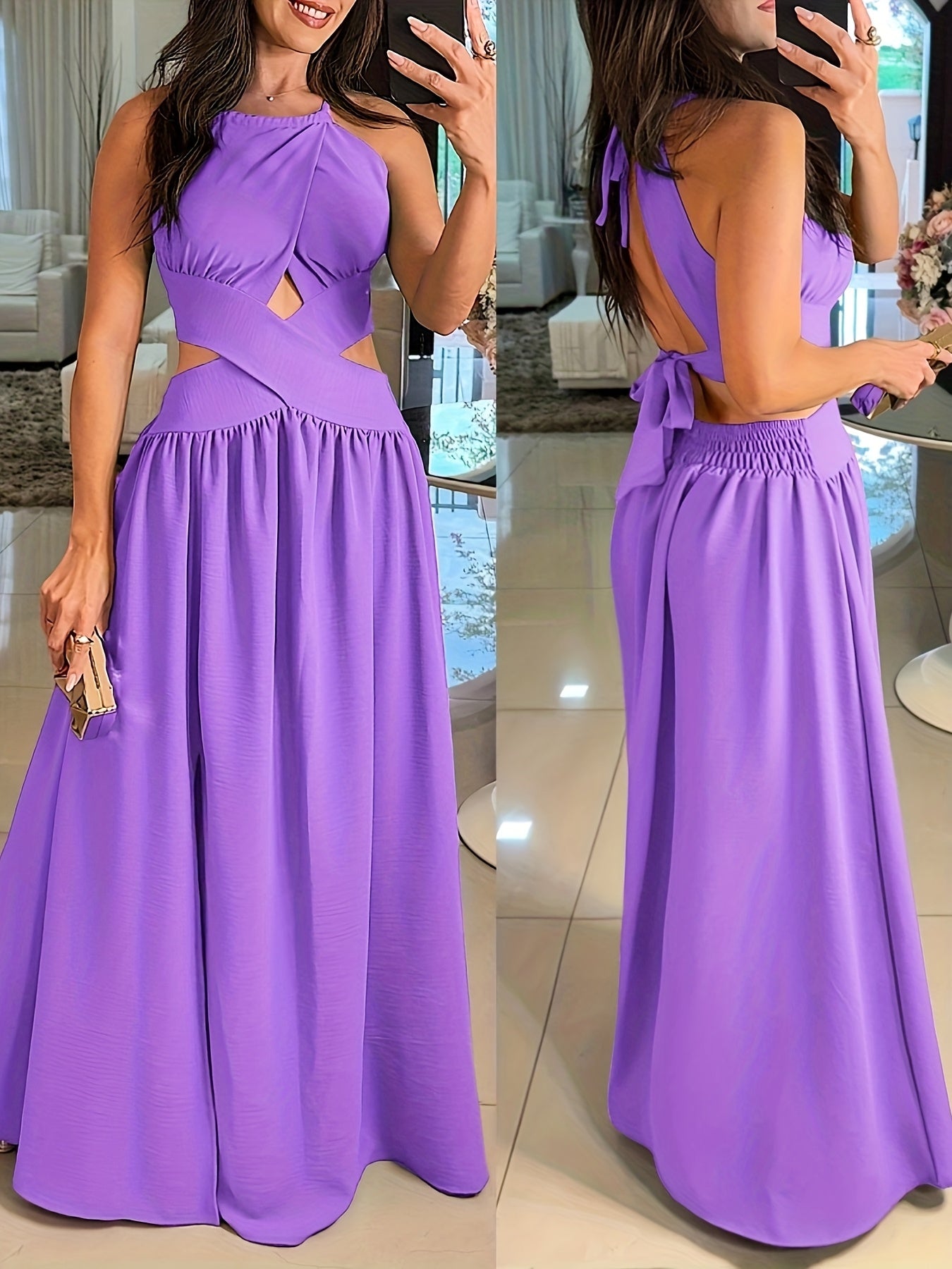Sexy Backless Women's Evening Gown | Long Flared Skirt Formal Party Dress with Waist Cross Straps & Open Back, Round Neck Spring Summer Casual to Formal Attire