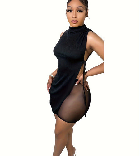 New  Asymmetric High-Waist Mesh Shorts Set with Black Turtleneck Top,