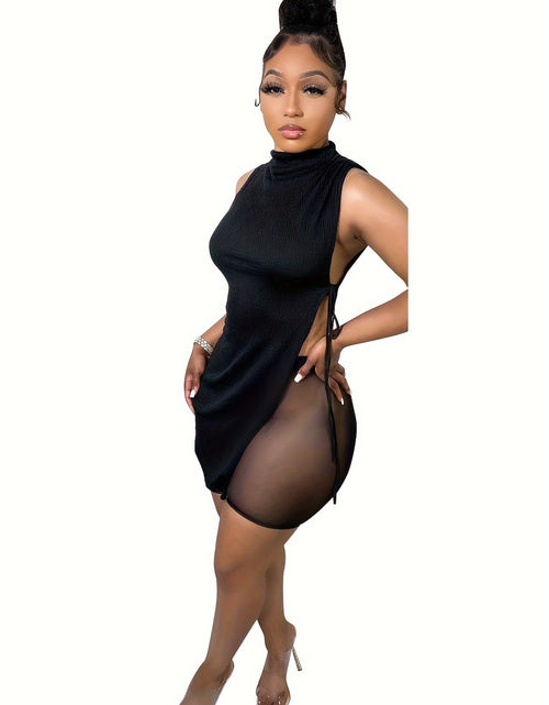 Load image into Gallery viewer, New  Asymmetric High-Waist Mesh Shorts Set with Black Turtleneck Top,
