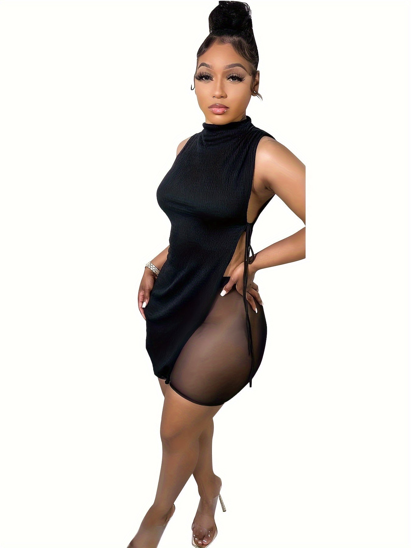 New  Asymmetric High-Waist Mesh Shorts Set with Black Turtleneck Top,
