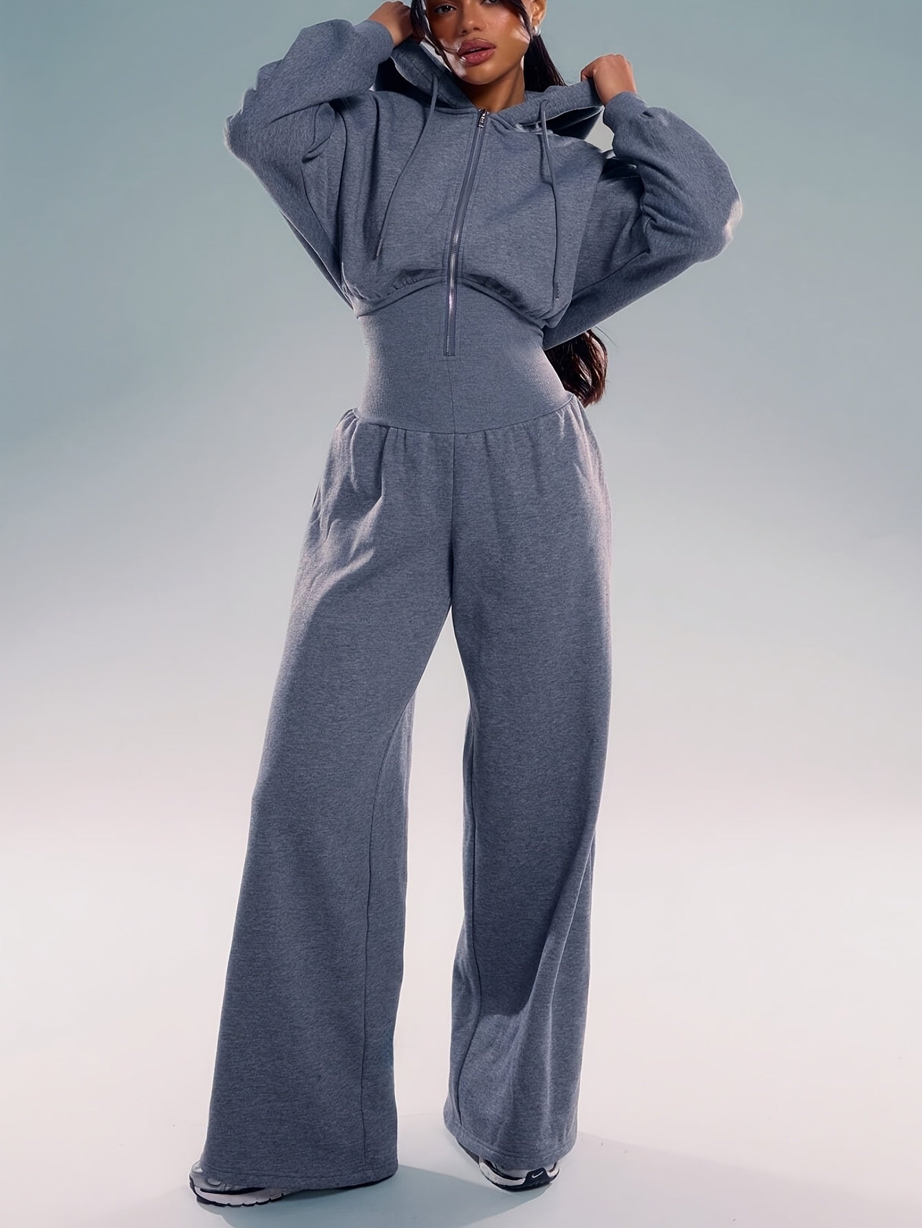 Women's Casual Solid Color Hooded Zipper Jumpsuit - Long Sleeve Elastic Waist Pantsuit, Machine Washable Spring & Autumn Outfit for Casual Attire, Comfortable Leisurewear, Durable Leisurewear