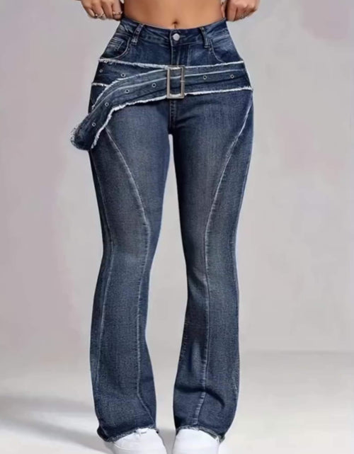 Load image into Gallery viewer, Ladies' Retro Washed Fringed Fake Waistband Design with Curved Edge And Slightly Flared Jeans
