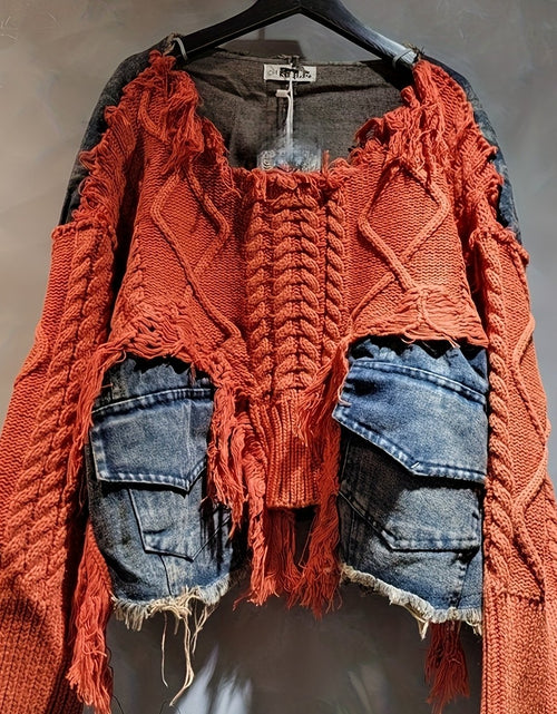 Load image into Gallery viewer, Trendy Braided Patchwork Denim Crewneck Long-Sleeve Cropped Sweater for Women, Fall/ Winter 2025
