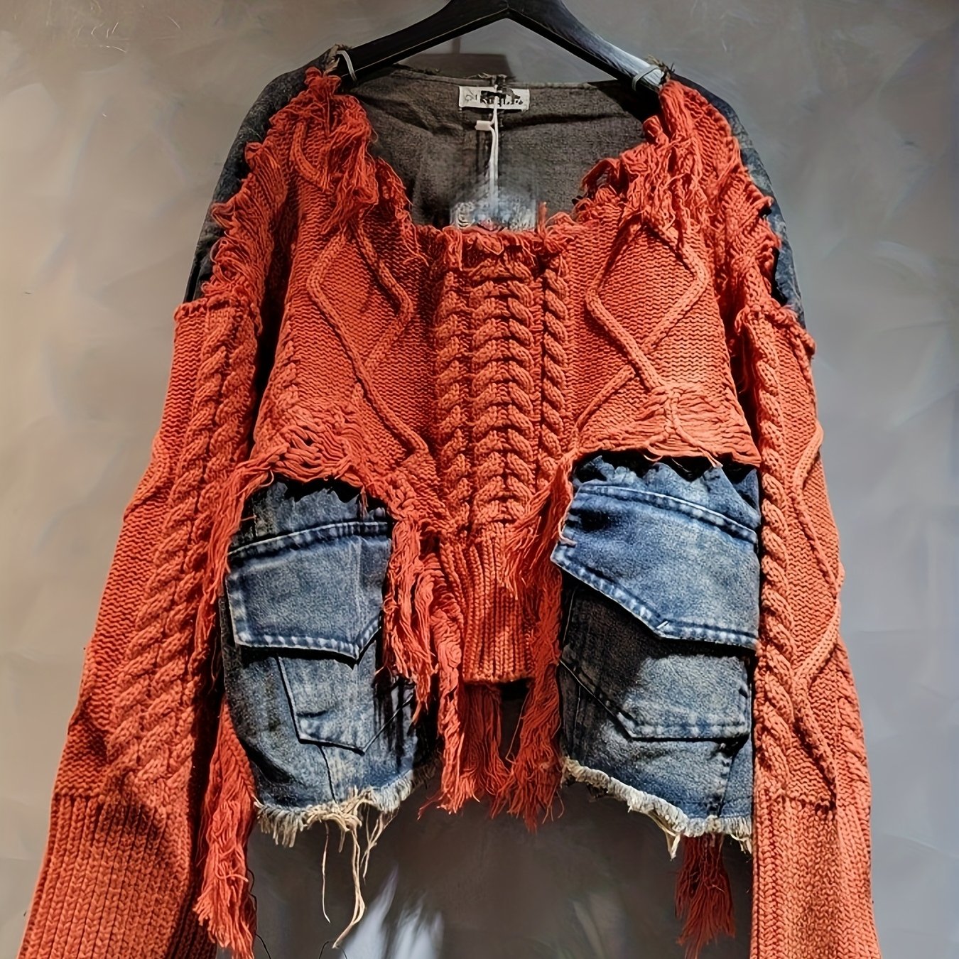 Trendy Braided Patchwork Denim Crewneck Long-Sleeve Cropped Sweater for Women, Fall/ Winter 2025