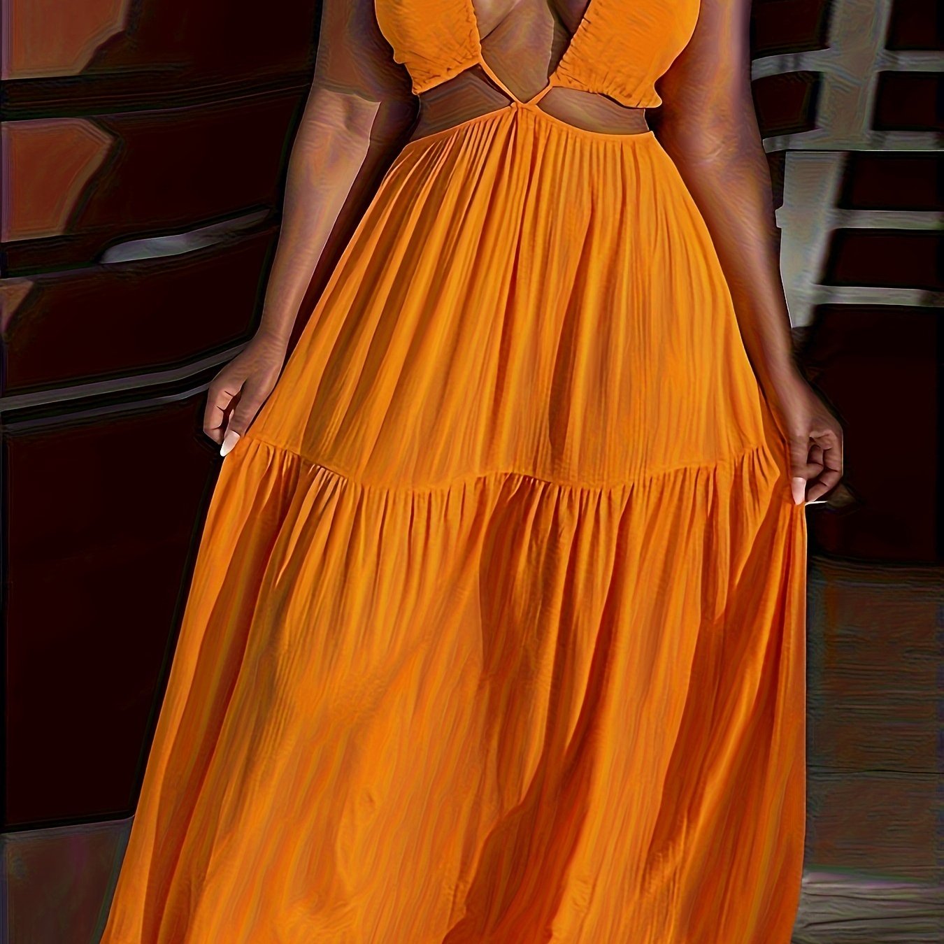 Plus Size Solid Color Tie Dress Sexy Fashion Halter Neck Non-Stretch Polyester