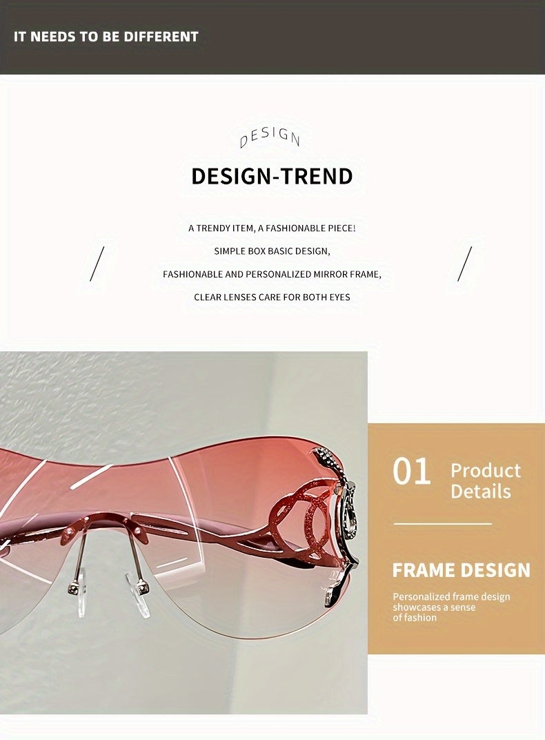 Y2K Style Frameless Glasses with Snake Design Hinges - Zinc Alloy, Clear PC Lenses, Futuristic Metallic Finish for Streetwear Fashion