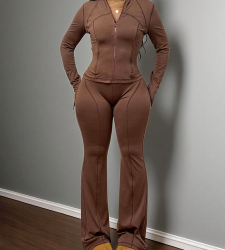 Two-Piece Set for Women, Brown Zip-Up Flare Pants, Stylish Casual & Streetwear Outfit