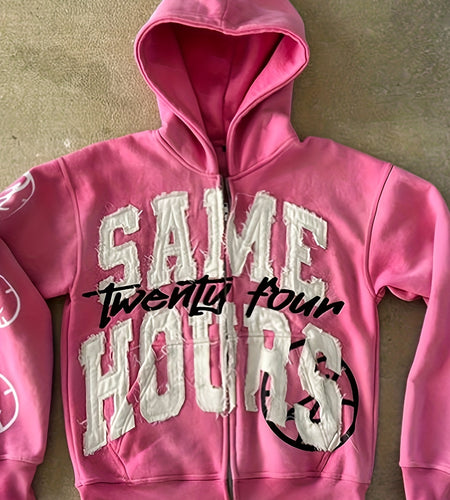 [Designer Retro Hoodie] Retro Streetwear Hoodie - 2025 New Designer "SAME TWENTY FOUR" Letter Print, Vibrant Blue with White Graphic, Regular Fit Zipper Hooded Sweatshirt for Men