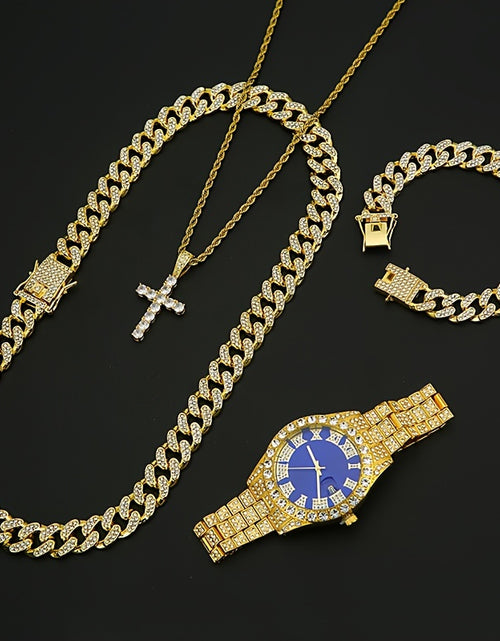 Load image into Gallery viewer, [4 Pieces Men&#39;s Watch Set] Set Of 4 Pieces, Men&#39;s Watch Set, Men&#39;s Cuban Necklace Bracelet Set, Men&#39;s And Women&#39;s Jewelry
