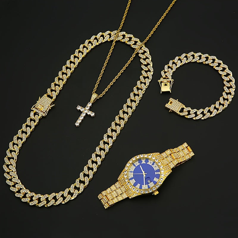 [4 Pieces Men's Watch Set] Set Of 4 Pieces, Men's Watch Set, Men's Cuban Necklace Bracelet Set, Men's And Women's Jewelry