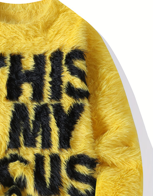 Load image into Gallery viewer, Men&#39;s Thick Fuzzy Sweater with Fleece &amp; &quot;THIS IS MY FOCUS&quot; Letter Print - White/Black Winter Warm Coat Jacket-like Collar, Loose Fit Round Neck Pullover for Casual &amp; Wear (No-Sew Design)
