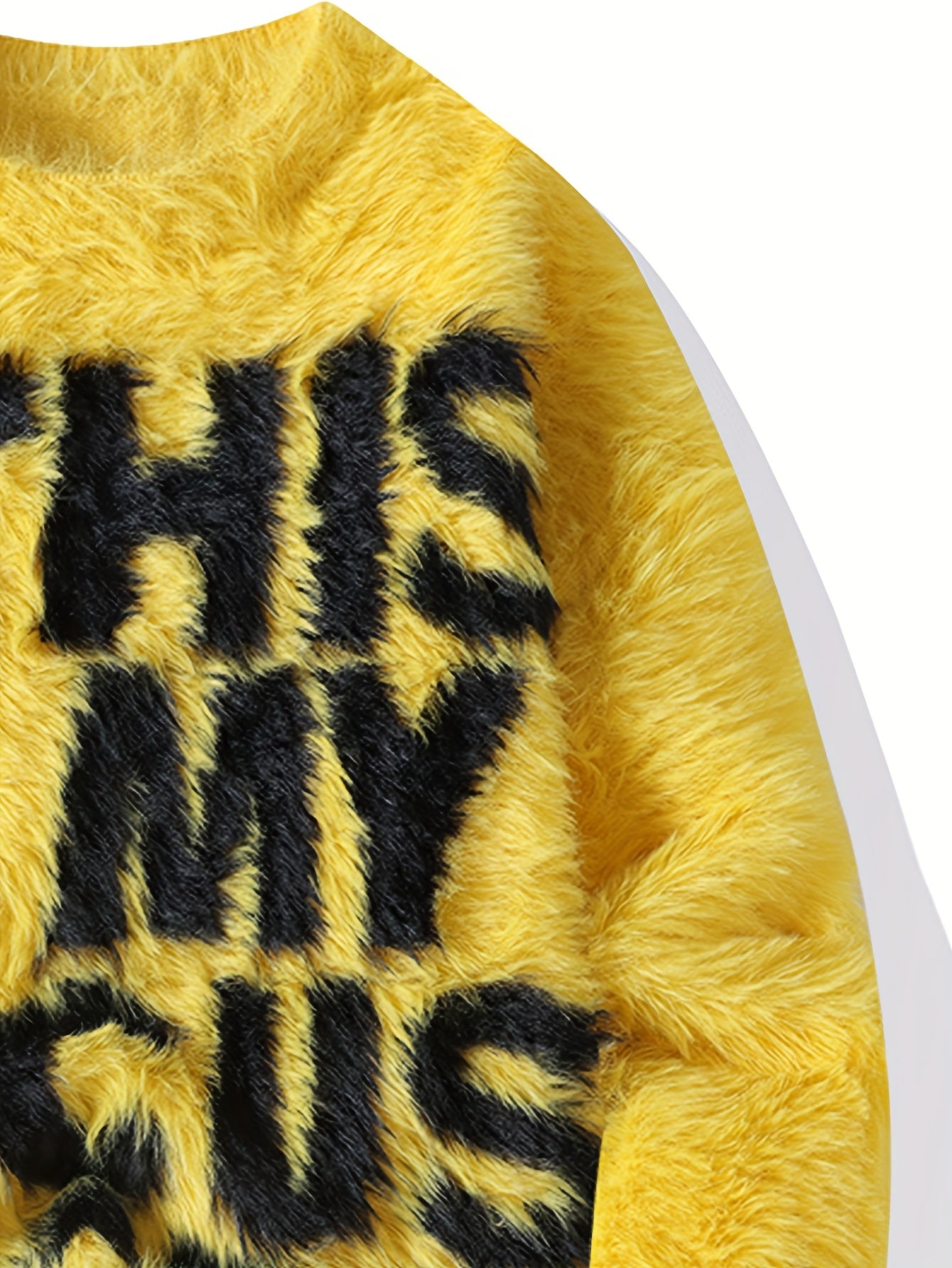 Men's Thick Fuzzy Sweater with Fleece & "THIS IS MY FOCUS" Letter Print - White/Black Winter Warm Coat Jacket-like Collar, Loose Fit Round Neck Pullover for Casual & Wear (No-Sew Design)