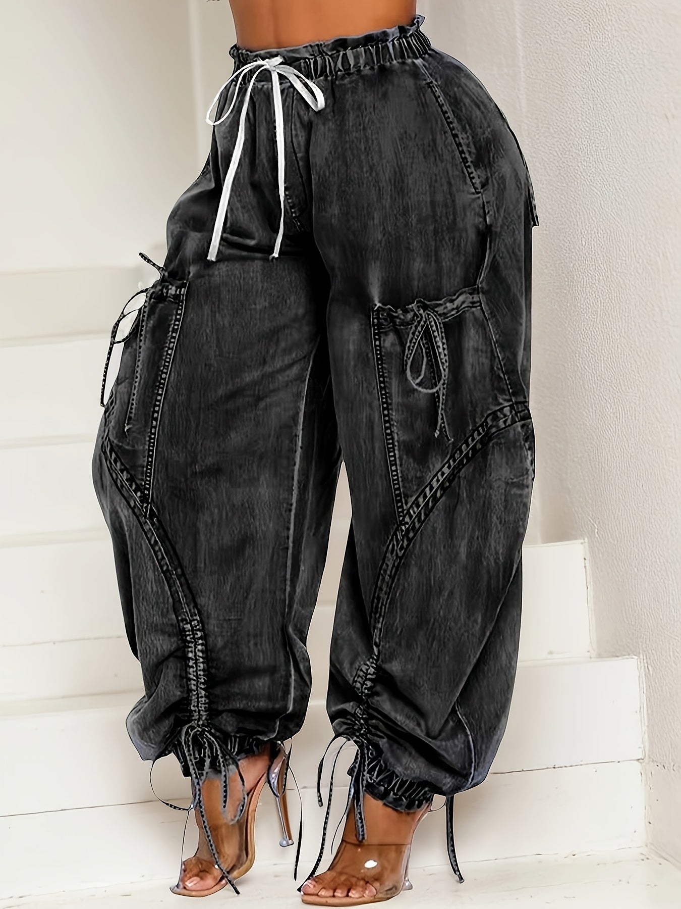 [Y2k Barrel Jeans] High Waist  Women Loose Barrel Jeans - Drawstring Bow Tie Cargo Vintage Wide Leg Ankle Denim Joggers