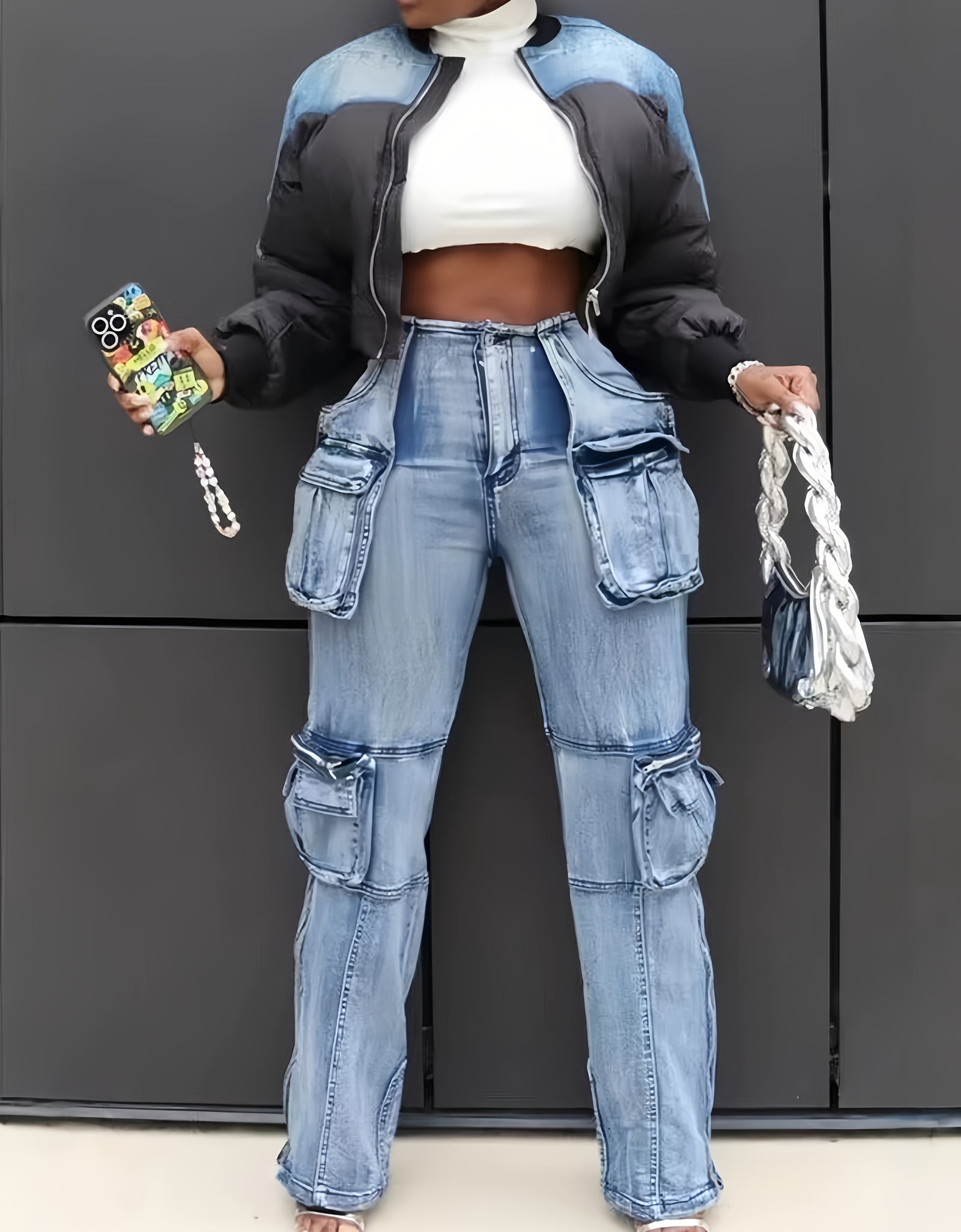 Women Y2K High Waisted Cargo Jeans - Stretch Denim Pants With Flap Pockets, Straight Leg Baggy Streetwear & Casual Comfort