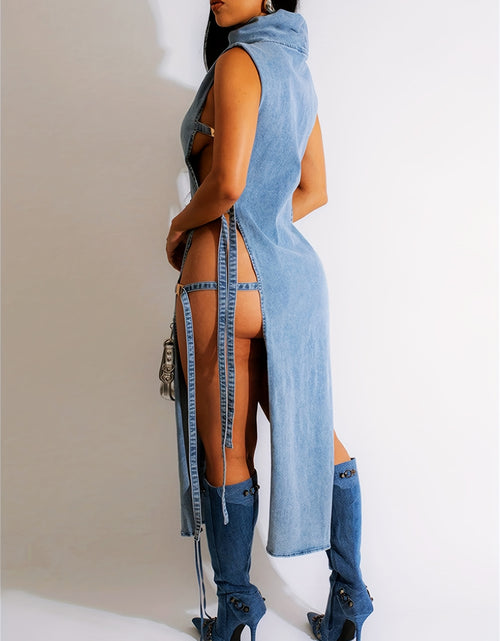 Load image into Gallery viewer, Sexy Denim Bodycon Dress - Mock Neck Midi With Side Lace-Up Cutouts, Sleeveless Tank Style Party Dress For Clubbing/Night Out (Stretch Vintage Blue Wash)
