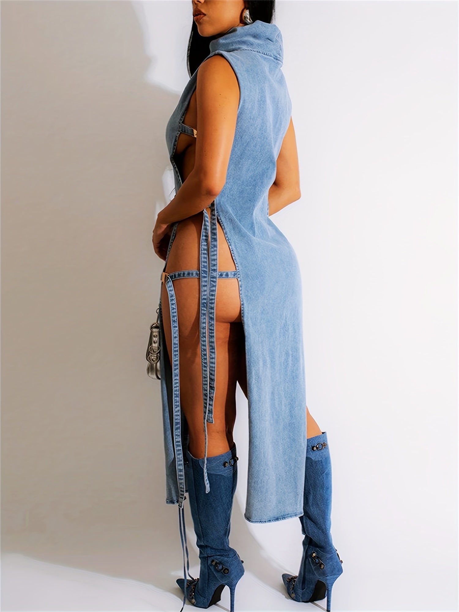 Sexy Denim Bodycon Dress - Mock Neck Midi With Side Lace-Up Cutouts, Sleeveless Tank Style Party Dress For Clubbing/Night Out (Stretch Vintage Blue Wash)
