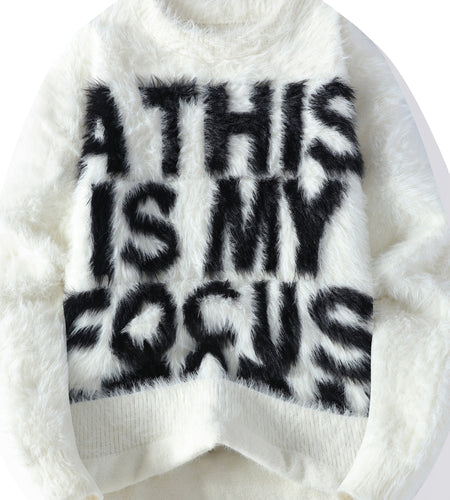 Men's Thick Fuzzy Sweater with Fleece & "THIS IS MY FOCUS" Letter Print - White/Black Winter Warm Coat Jacket-like Collar, Loose Fit Round Neck Pullover for Casual & Wear (No-Sew Design)