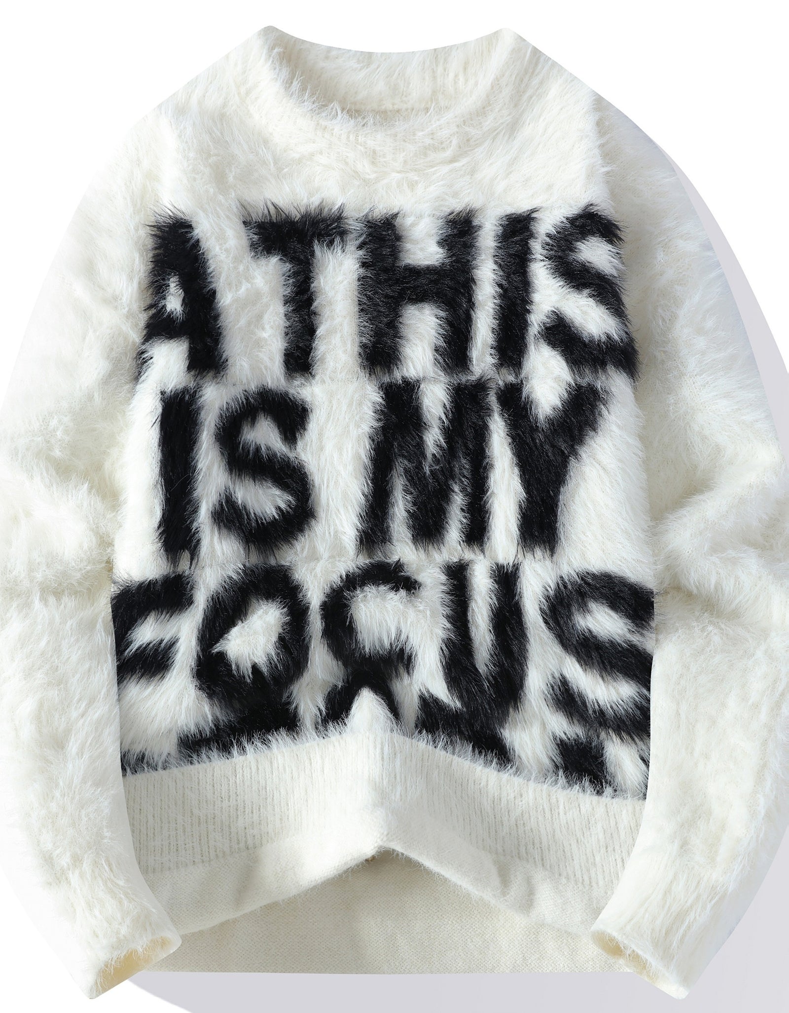 Men's Thick Fuzzy Sweater with Fleece & "THIS IS MY FOCUS" Letter Print - White/Black Winter Warm Coat Jacket-like Collar, Loose Fit Round Neck Pullover for Casual & Wear (No-Sew Design)