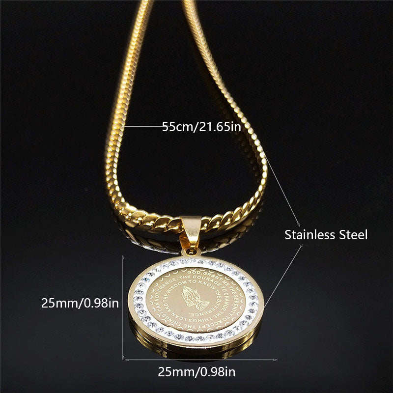 Elegant Golden-Tone Stainless Steel Serenity Prayer Hand Pendant Necklace with Crystal Accents - Hip Hop/Vintage Style Religious Jewelry for Men & Women, Perfect for Daily Wear