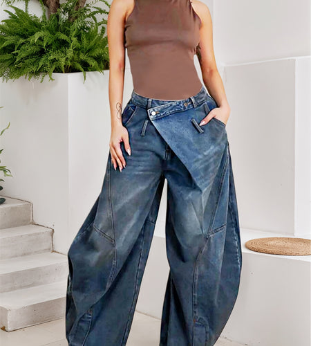 Women Cross-Buckle High Waist Pants - Asymmetrical Open Wide Leg Street Style Jeans, Vintage Tooling Casual Loose Pants with Pockets