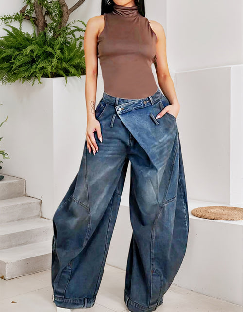 Load image into Gallery viewer, Women Cross-Buckle High Waist Pants - Asymmetrical Open Wide Leg Street Style Jeans, Vintage Tooling Casual Loose Pants with Pockets
