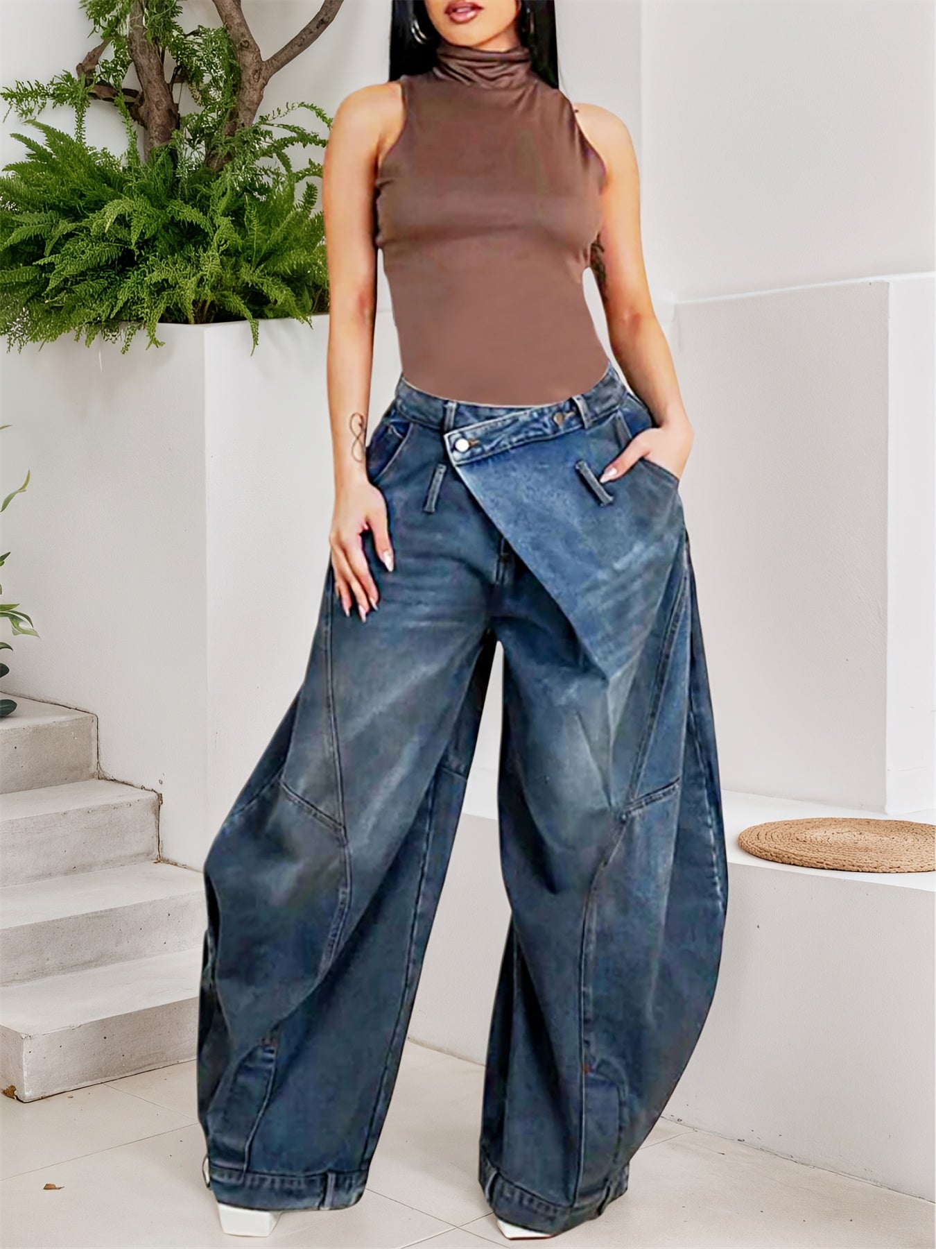 Women Cross-Buckle High Waist Pants - Asymmetrical Open Wide Leg Street Style Jeans, Vintage Tooling Casual Loose Pants with Pockets