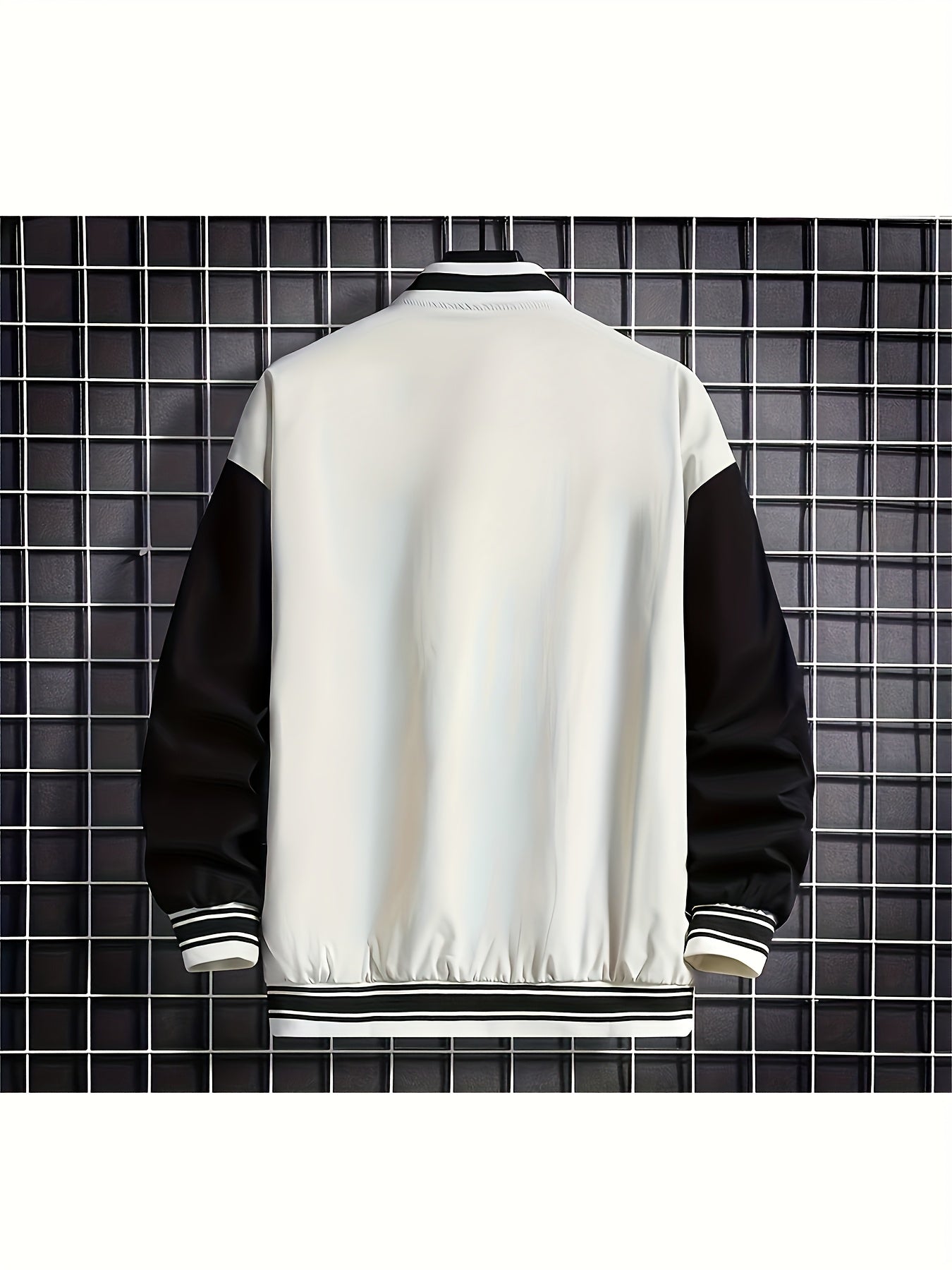 Plus Size Men Baseball Jacket, Casual Polyester Stand Collar with Snap Closure, Non-Stretch Woven Fabric, Loose Fit, with Monogram Patches, for Spring/Fall - Men Sports & Active