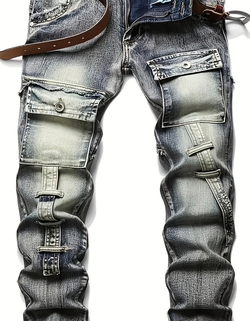 Load image into Gallery viewer, Men Jeans - Mid-Waist Elastic Slim Straight Leg, Heavy-Duty Workwear Pants with Zipper Closure, Stretch Denim Trousers for Streetwear, Casual
