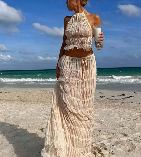 Two-Piece Women Romantic Gorgeous Simple Elegant Vacation Solid Color Sexy Backless Halter Halter Strap Lace Lace Vest Long Dress Set