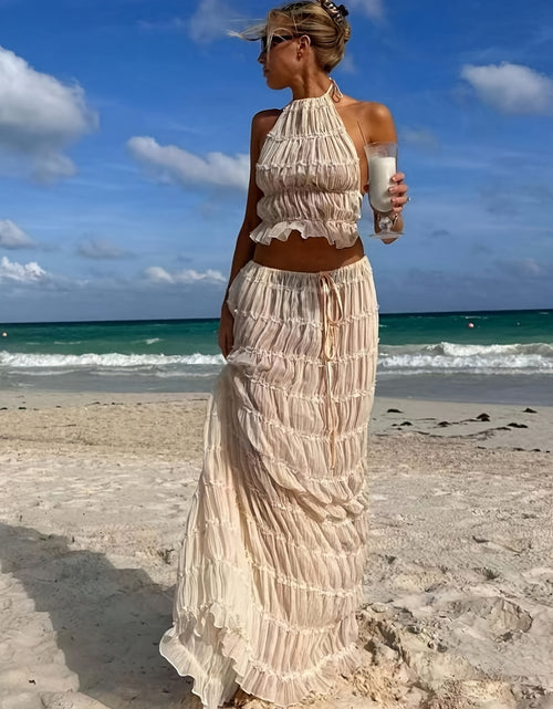 Load image into Gallery viewer, Two-Piece Women Romantic Gorgeous Simple Elegant Vacation Solid Color Sexy Backless Halter Halter Strap Lace Lace Vest Long Dress Set
