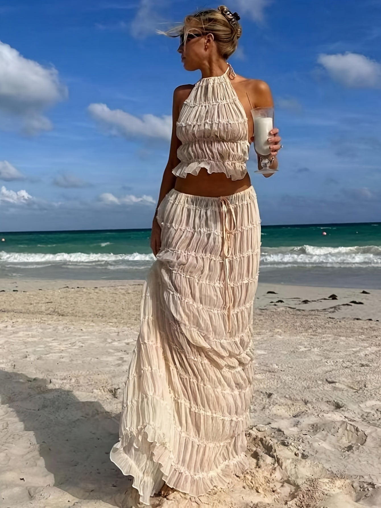 Two-Piece Women Romantic Gorgeous Simple Elegant Vacation Solid Color Sexy Backless Halter Halter Strap Lace Lace Vest Long Dress Set