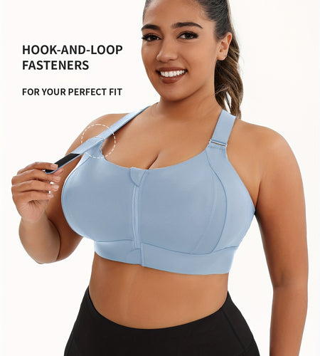 Women Plus Size High-Elasticity Sports Bra with Zipper - Blue, Non-Removable Padding, Adjustable Shoulder Straps, Ideal for Yoga & Pilates And Any Workouts