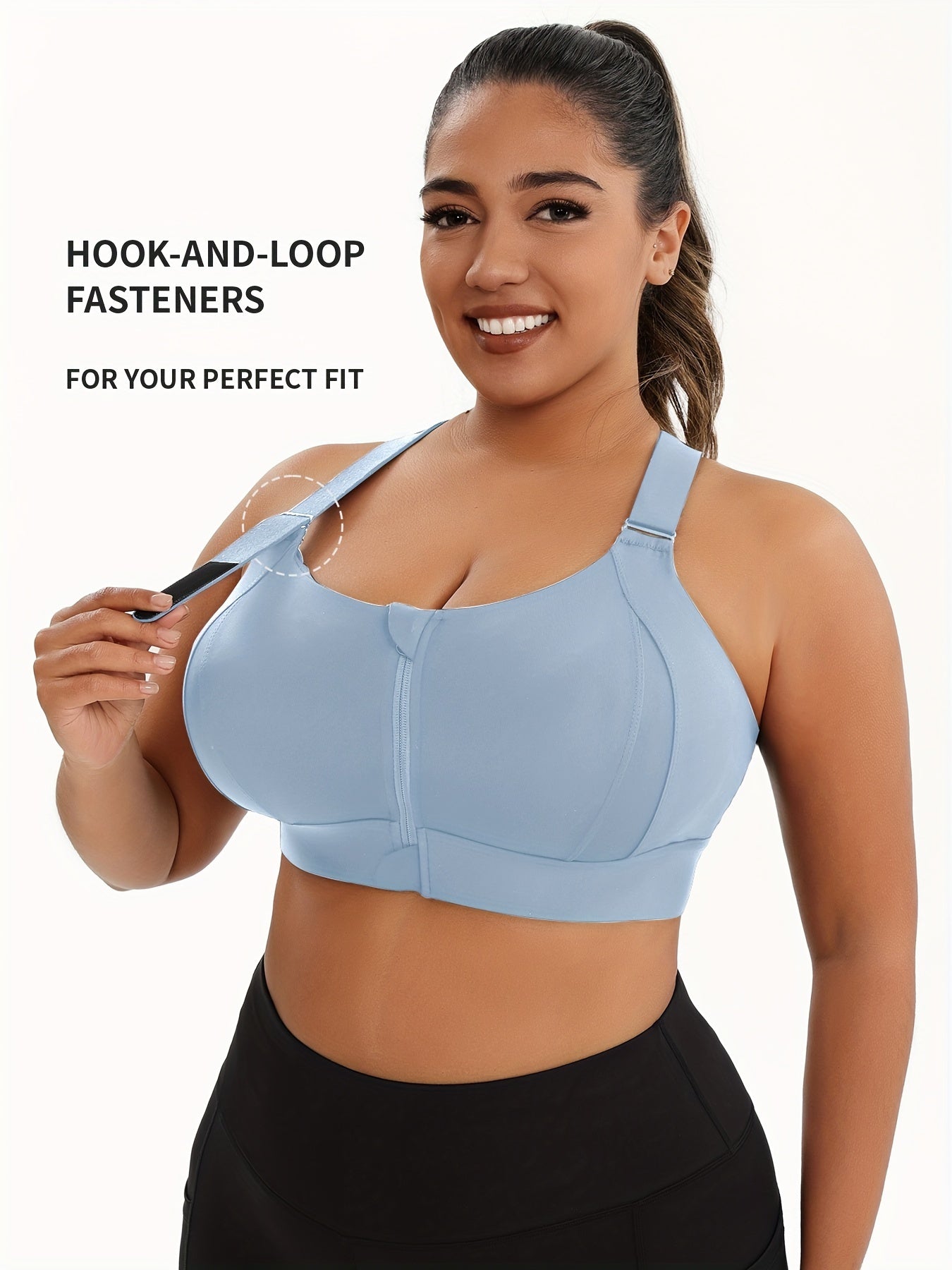 Women Plus Size High-Elasticity Sports Bra with Zipper - Blue, Non-Removable Padding, Adjustable Shoulder Straps, Ideal for Yoga & Pilates And Any Workouts