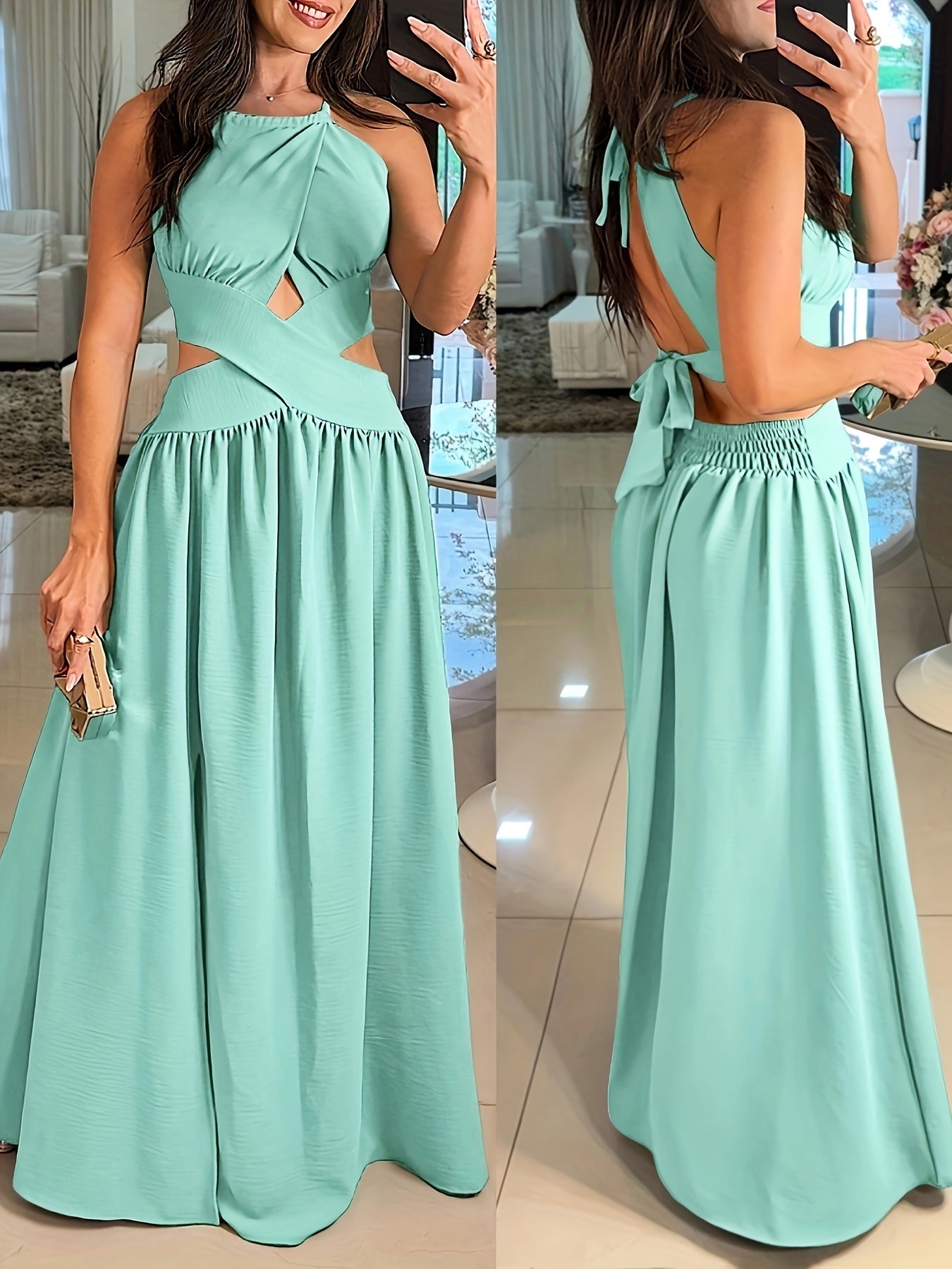 Sexy Backless Women's Evening Gown | Long Flared Skirt Formal Party Dress with Waist Cross Straps & Open Back, Round Neck Spring Summer Casual to Formal Attire